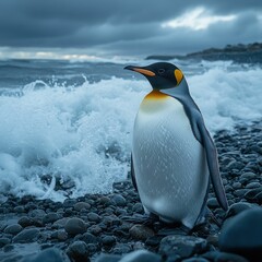 Fototapeta premium Majestic king penguin amidst ocean waves.