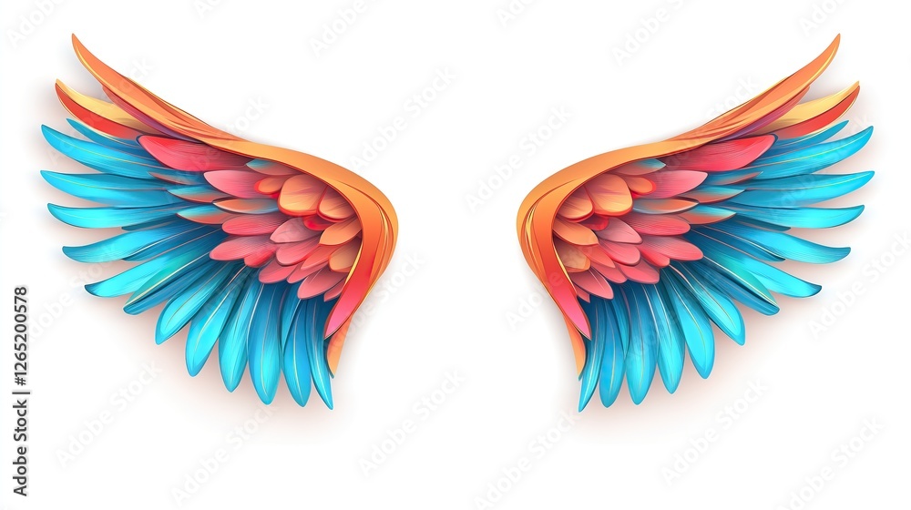 Poster vibrant set of artistic wings with layered feathers in shades of orange red and blue whimsical and c