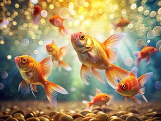 Fototapeta premium Swimming Goldfish & Money Symbols: Bokeh Background Stock Photo - Wealth, Prosperity, Abundance, Finance, Success