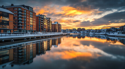Fototapeta premium Beautiful lake with the reflection of a cloudy sky at a winter sunset 