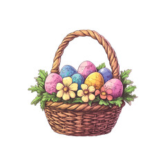 basket with flowers and easter eggs hand drawn illustration