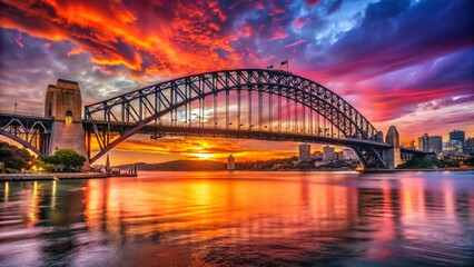 Obraz premium Sydney Harbour Bridge Sunset Panorama - Fiery Sky Over Iconic Landmark