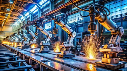 Synchronized Robot Welders: Sleek Industrial Assembly Line with Glowing Interfaces