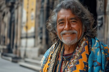 Smiling man in traditional attire poses in historic city square during early morning sunlight