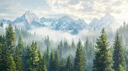Majestic Mountain Landscape Surrounded by Lush Green Pine Forest and Misty Clouds under a Bright Blue Sky