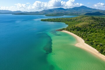 Fototapeta premium Aerial Perspective of a Stunning Tropical Island and Vibrant Coral Reef Landscape
