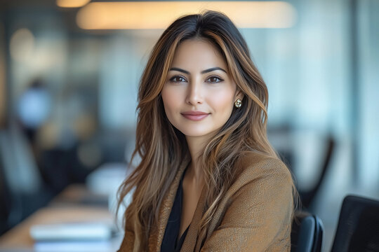 Confident businesswoman portrait in modern office setting exuding professionalism and poise with warm inviting smile
