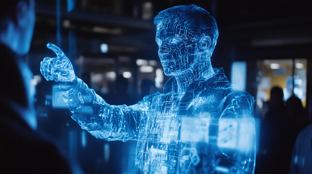Futuristic Human Hologram: Exploring the potential of augmented reality and digital interfaces. Technological advancement visualized in glowing blue.