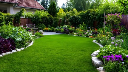 Fototapeta premium Lush Backyard Garden with Green Lawn - Lush Greenery & Natural Spa.