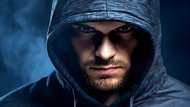 A close-up of a man wearing a dark hoodie, with intense facial expression and dramatic lighting.