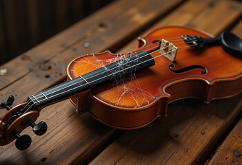 Fototapeta premium Violin adorned with spiderweb strings on wooden table, artistic surrealism