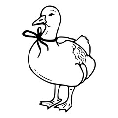 a black and white drawing of a duck with ribbon on neck