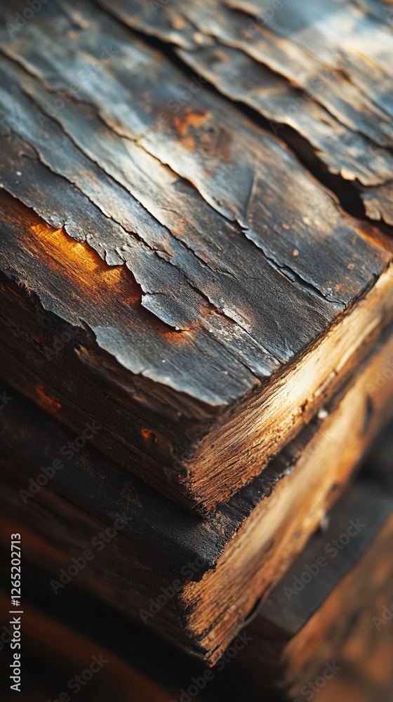 Poster close-up of weathered, charred wood with peeling, cracked layers and exposed sections. the rustic te