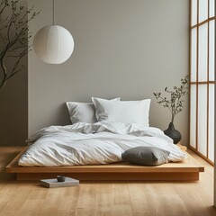 Minimalist bedroom showcasing a platform bed with serene ambiance