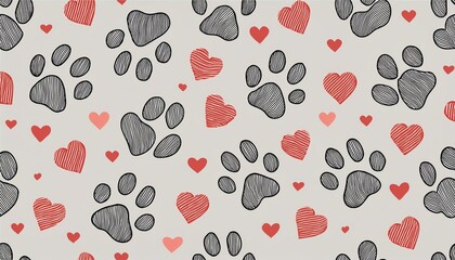 Fototapeta premium Pet footprint seamless pattern. Pet animal dog, cat footprint background with heart. Puppy valentine texture doodle wallpaper. perfect any project