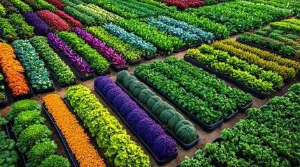 Vibrant Vegetable Garden Rows in Greenhouse - Vibrant colors