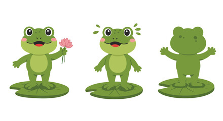 Obraz premium The frog changes from holding a flower to expressing joy and revealing its back in this sequence.