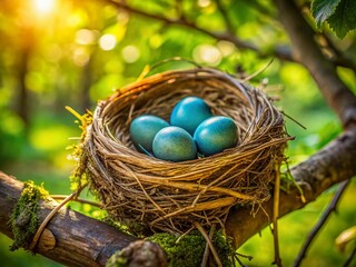 Obraz premium Three Blue Thrush Eggs in Straw Nest on Forest Tree - High-Resolution Stock Photo