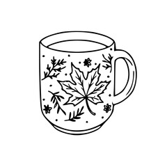 a black and white drawing of a mug with autumn leaves motif