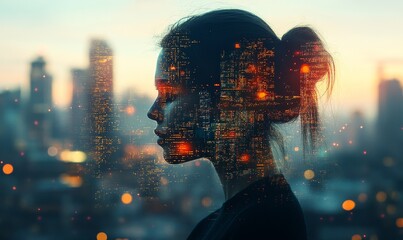 Double exposure, A woman overlaid with cityscape and data, symbolizing the intersection of urban life and digital information, Generative AI