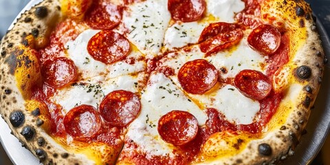 Close Up of a Freshly Baked Pepperoni Pizza With Melted Mozzarella Cheese on a Rustic Table
