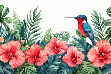 Naklejka premium A tropical bird gracefully perched on a branch surrounded by lush green leaves and flowers