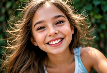 A close-up of an adorable girl with a radiant smile and wind-blown hair enjoying a sunny day surrounded by nature



