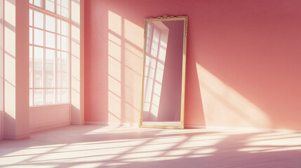 Serene room with natural light streaming through windows, illuminating a gold-framed mirror against a light pink wall, creating a warm and inviting ambiance.