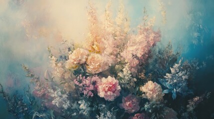 Floral still life painting, pastel colors, soft light, blurred background
