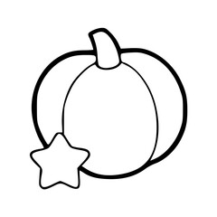 a black and white drawing of a cartoon pumpkin with star icon
