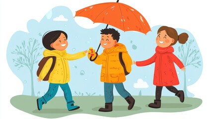 Children demonstrating good behavior through acts of kindness, including sharing sweets, helping others, walking together, following rules in everyday situations. Educational and moral values concept.