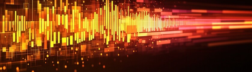 Abstract visual representation of sound waves and light, featuring vibrant colors and dynamic lines, suggesting energy and movement.