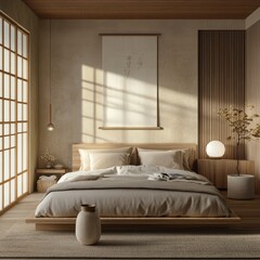 Cozy bedroom with wooden elements and japanese aesthetic design