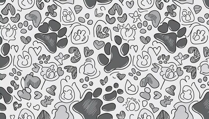 Fototapeta premium Pet footprint seamless pattern. Pet animal dog, cat footprint background with heart, bone element. Puppy, kitten texture doodle drawn wallpaper. perfect any project