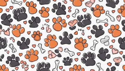Fototapeta premium Pet footprint seamless pattern. Pet animal dog, cat footprint background with heart, bone element. Puppy, kitten texture doodle drawn wallpaper. perfect any project