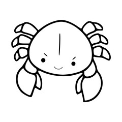a black and white drawing of a cute smiling crab cartoon for coloring page