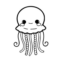 a black and white drawing of a cute smiling jellyfish cartoon for coloring page