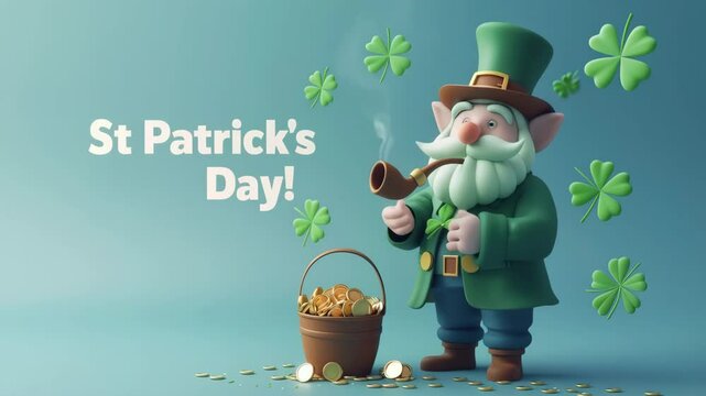 3D style illustration flyer for St. Patrick's Day with leprechaun smoking over pale green background
