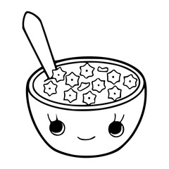 a black and white drawing cute smiling of a bowl with cereals cartoon for coloring pages