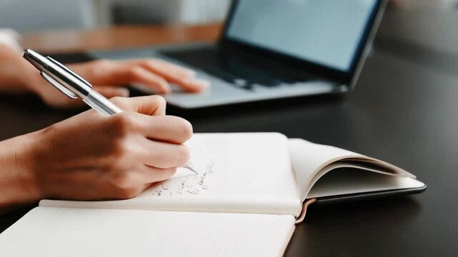 Close-up of Hand Writing in Notebook with Laptop in Background. A person writes in a notebook while working on a laptop, symbolizing productivity, learning, and creativity