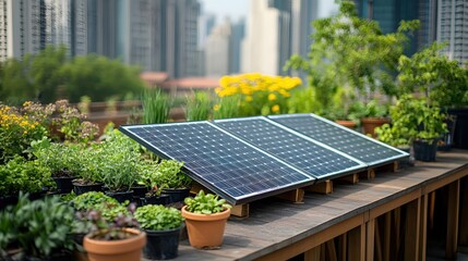 Fototapeta premium Sustainable Urban Oasis Solar Panels and Lush Greenery on a Rooftop Garden Scene