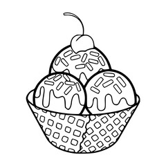 a black and white drawing of a cute kawaii ice cream sundae with cherry for coloring page