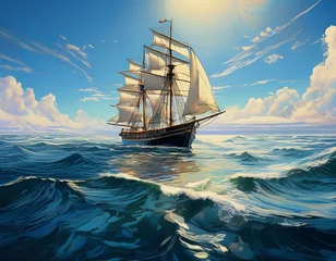 Fototapeten sea ocean ship water boat sail sky sailboat illustration wave nautical art nature blue travel © Jeremy