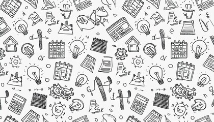 Business idea doodle seamless pattern background. Business success, creative idea concept doodle drawn sketch style pattern with lightbulb, megaphone, calendar element. perfect any project