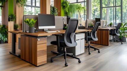Fototapeta premium Modern Office Workspace with Green Plants - Biophilic design