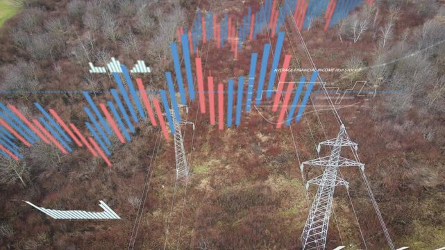 Aerial drone shot flying over power lines and electricity pylons, with digital graphs and data overlays representing rising electricity prices in Europe and worldwide. Energy cost crisis, power supply