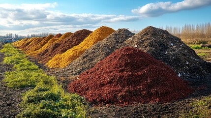Colorful piles of mulched leaves in a landscape under a blue sky.