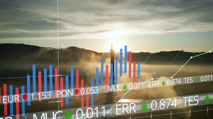 Aging coal power plant emitting dense, dark smoke from towering chimneys. Digital graphs and stock market data overlays indicate positive financial growth, symbolizing ongoing reliance on fossil fuels - Powered by Adobe