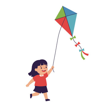 recommend clip art: Happy child flying a colorful kite in flat design vector art