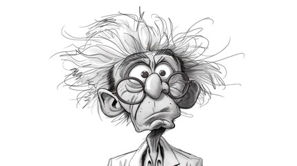 Fototapeta premium A cartoon character, depicting an angry scientist with wild hair and glasses wearing a lab coat